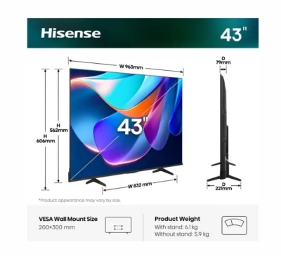 Телевизор 43" Hisense A6S, 3840 x 2160, DLED, 60 Hz, Черен - 43A6S gallery image 2
