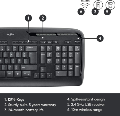 Безжичен комплект клавиатура и мишка Logitech MK330, Черен - 920-003989 gallery image 4
