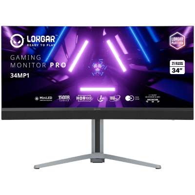 Монитор Lorgar 34MP1, 34", UWQHD (3440 x 1440), VA, 180 Hz, 1 ms, Черен/Сив - LRG-34MP1W180C-GY gallery image 1