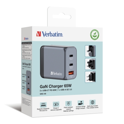 Зарядно устройство Verbatim GNC-65 65W, Сиво - 32201 gallery image 6