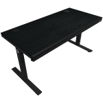 Dual-motor sit/stand adjustable-height gaming desk with wireless charger, RGB lighting, control panel, and USB ports, PB melamine surface tabletop, black.