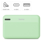 HAMA Външна батерия "Pocket 10", 10000 mAh, Изходи: 2x USB-A, зелена
